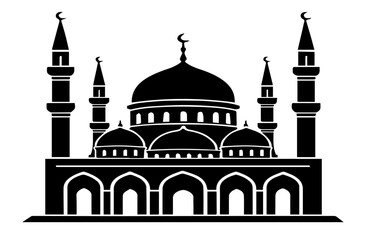 mosque, islamic, architecture, islam, religion, vector, illustration, black and white, silhouette, dome, minaret, prayer, muslim, arabic, sacred, building, ramadan, eid, religious, cultural, heritage,