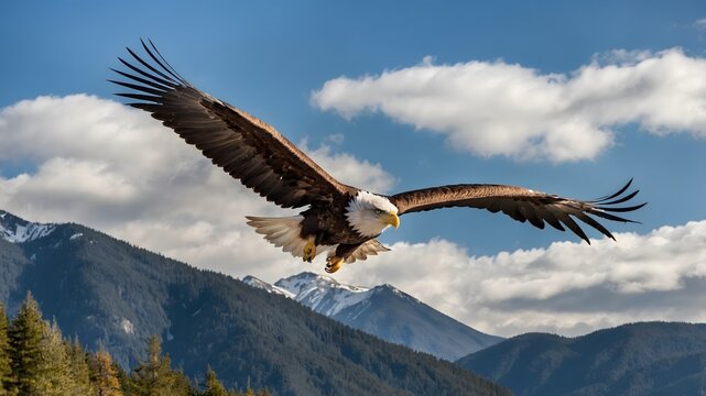 &Aacute;guila calva volando con alas extendidas sobre monta&ntilde;as alpinas