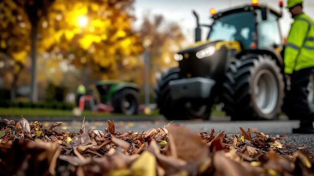 A tractor and worker clearing fallen autumn leaves from a road.