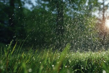 Obraz premium Dew-kissed grass in a gentle summer shower