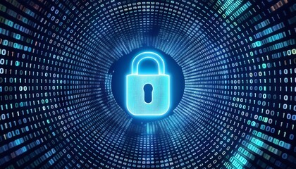 clean 3d render of modern lock symbol in center of dynamic streaming binary digits