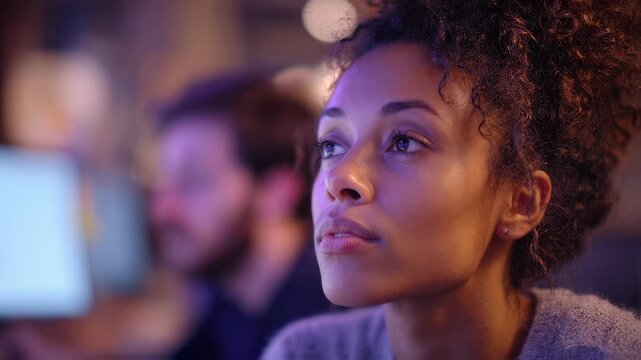 Medium shot of a participants concentrated gaze on a digital task enhanced by eyetracker details with test environment gently blurred.
