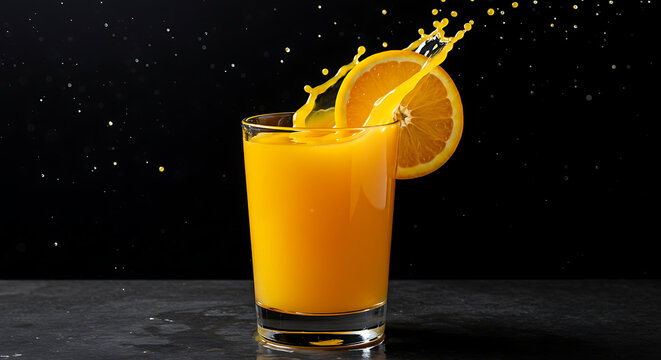 A refreshing glass of orange juice with a slice of orange, splash, and dark background.