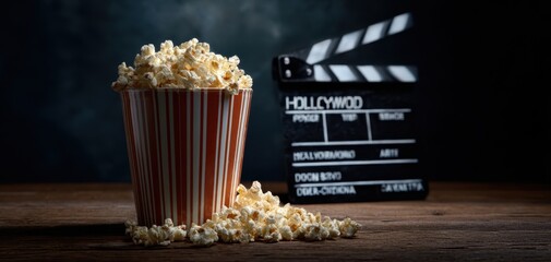 The delicious popcorn bucket with a classic Hollywood clapperboard backdrop