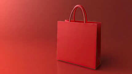 A single, solid red paper shopping bag with slightly reflective handles stands on a matching red surface against a subtly gradient background