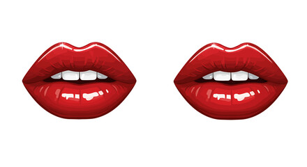 Obraz premium Two glossy, vibrant red lips, side-by-side, showcasing perfect teeth and a seductive appearance.