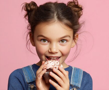 A young girl with a joyful expression happily consumes a delectable chocolate cupcake against a vibrant pink backdrop.