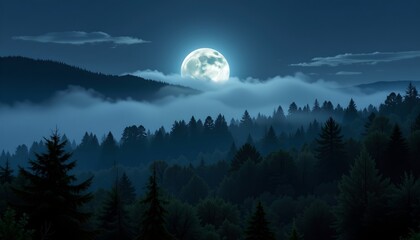 a serene nighttime landscape featuring a forest under a full moon. the moon is high in the sky, illuminating the forest with its soft glow