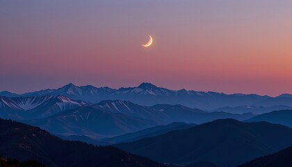 a serene mountain landscape at sunset. the sky transitions from warm hues near the horizon to a deeper blue as it extends towards the moon in the upper right corner
