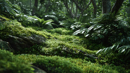 Mossy Forest Floor with Ferns and Trees in a Dense Woodland Scene