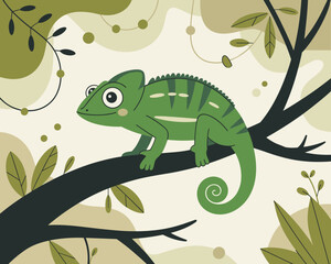 A vibrant illustration of a cute chameleon perched on a tree branch surrounded by jungle leaves