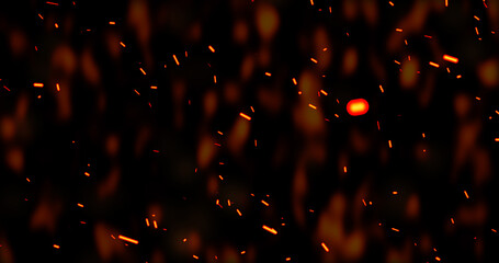 Realistic surreal ember fire dust slowly rising up with smoke in black. Grunge dark fire sparks flying isolated. Overlay spark tiny flake burning animation. Hell rising burst inferno. Fire burst dust.