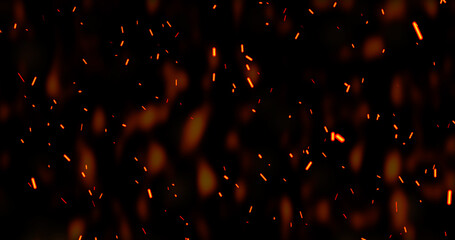 Realistic surreal ember fire dust slowly rising up with smoke in black. Grunge dark fire sparks flying isolated. Overlay spark tiny flake burning animation. Hell rising burst inferno. Fire burst dust.