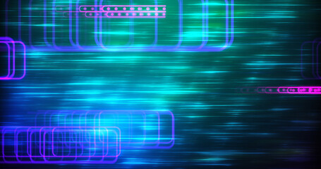 Obraz premium Neon trail elements background pack seamless technology loop. Retro submerged smoke fast anime speed lines moving, with elements traveling back and forth. Digital time travel portal cyberpunk vj bg