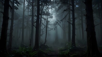 Fototapeta premium A dark and spooky forest with tall trees shrouded in a thick, mysterious fog at night, creating an eerie background. Horror landscape concept