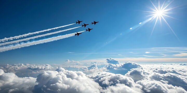 Airplane Air Show Display aircraft Aerobatic Team Performing Over a Sea Clouds