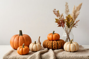 Assorted pumpkins and autumn decor on a neutral background for fall  