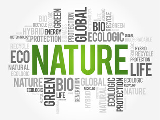Word cloud with the central word NATURE in green surrounded by eco-related terms such as bio, life, global, green, recycle, ecologic, energy, and protection, symbolizing sustainability and ecology