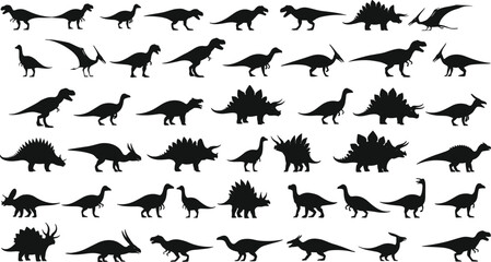 Vector Silhouettes of Various Dinosaurs in Different Poses and Species for Prehistoric, Educational, Design, Kids, and Graphic Art Projects