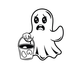 Cartoon upset woman ghost holding broken candy bucket vector illustration isolated on white background