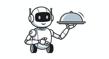 Cute White Robot Waiter Holding a Silver Cloche Serving Tray.