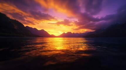 Naklejka premium A breathtaking sunset illuminates the lake and mountain range with vibrant colors.