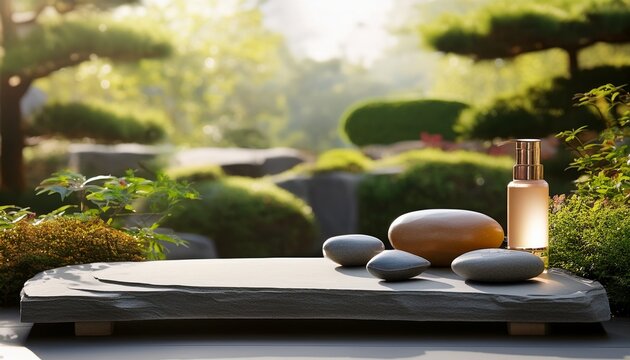 a high definition loreal ad showcasing a serene zen garden with a stone podium and elegant products