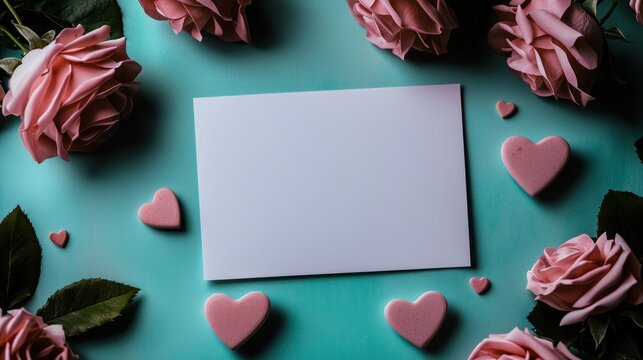 Romantic Valentine's Day Composition Pink Roses, Hearts, and a Blank Card on Turquoise Background