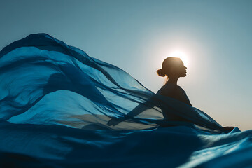 A Woman's Silhouette Wrapped in a Billowing Sea of Translucent Blue Fabric