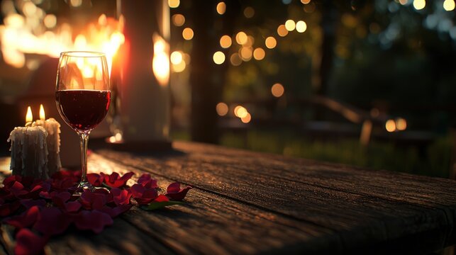 Intimate outdoor romantic evening setup with a glass of red wine, flickering candles, and rose petals on a rustic table, bathed in a soft, enchanting glow