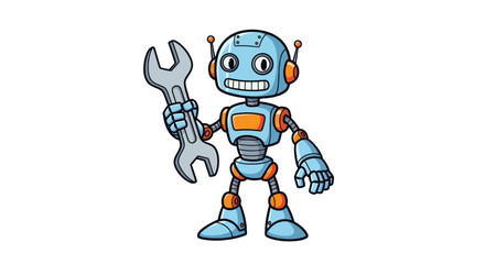 Cartoon Robot Holding a Wrench, Ready for Repairs.
