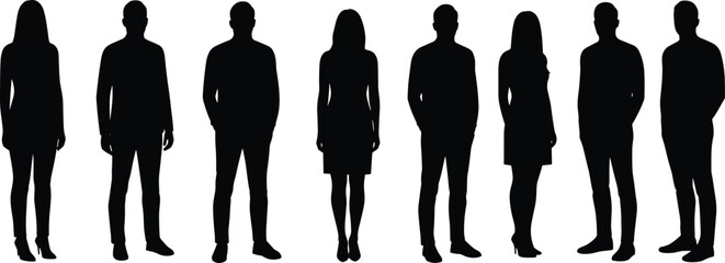 Group of business people silhouettes standing together, teamwork concept, professional staff, office employees, corporate team, black vector illustration
