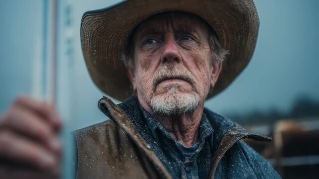 Medium shot of a farmers focused expression under hat holding a rain gauge farm tools blurred symbolizing assessment of impending weather conditions.