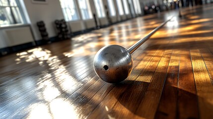 Shiny steel mace on wooden floor with exercise equipment, and light  shadow.