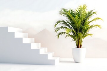 Fototapeta premium White Staircase and Palm Plant in Minimalist Interior Setting