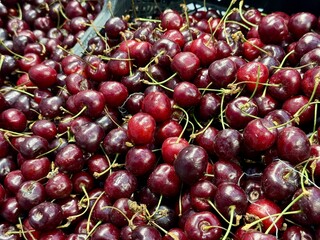 Red ripe cherries, which are used in abundance to make delicious seasonal delicacies and flavors. Bright cherries are beautifully stacked on top of each other, showing off their delicious juiciness