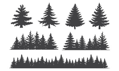 Obraz premium Collection of diverse evergreen pine fir tree silhouettes for winter forest scenery white background