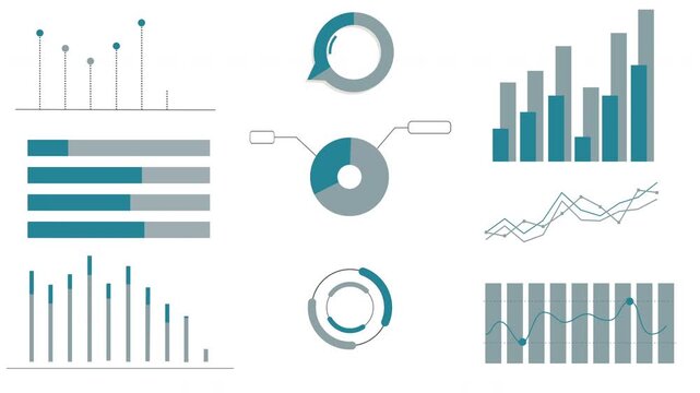 Animated bar graphs, infographic elements and donut charts  on white background. 4K animation.