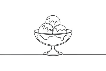Simple line drawing of a delicious ice cream sundae in a glass bowl