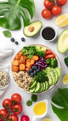 Top-down photo of a colorful healthy bowl with fresh vegetables, quinoa and seeds—ideal for food blogs, nutrition, and wellness marketing