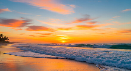 Beautiful golden hour sunset casts a fiery orange reflection on the calm water, with the sun dipping below the horizon as clouds drift across the sky
