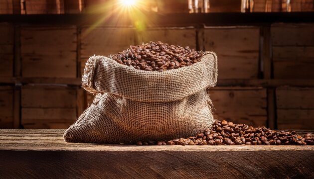 rustic burlap bag of organic coffee beans on a wooden crate in a sunlit warehouse highlighting natural harvesting