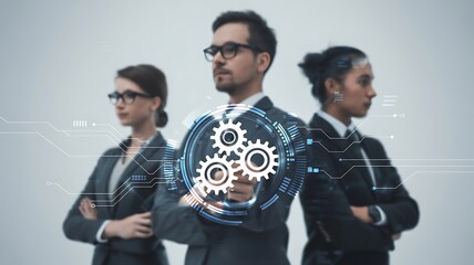 Business Process Automation Concept with Mechanical Gears and Digital Technology Icons on Abstract Blue Background