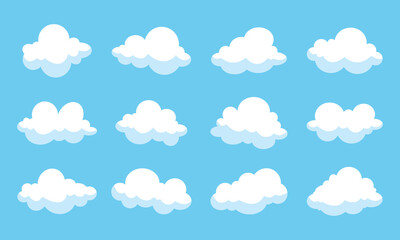 Cartoon flat white clouds set on blue background. Fluffy white cartoon clouds. Vector set of cartoon flat clouds illustration. Clouds