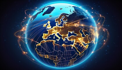 data traffic visualization showing earth centered on europe with electric lines flowing in patterns