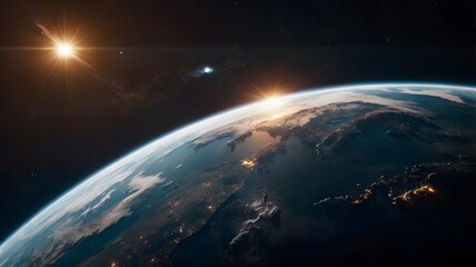 View of Earth from space with sunlight