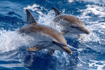 Fototapeta premium Two Wild Dolphins Leaping from Azure Ocean, Creating Exhilarating Water Splashes