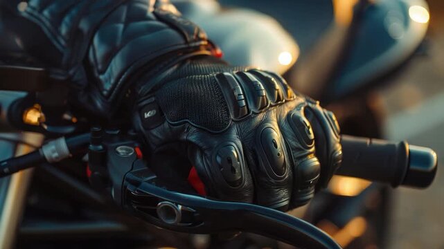 A detailed view of a motorcyclist's glove on the handlebars of a bike