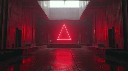 Futuristic room with glowing red triangle on wall creates mysterious atmosphere. space is dimly lit, with reflective surfaces and symmetrical design, evoking sense of intrigue