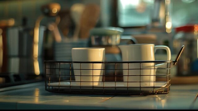 A simple setup of two cups and a spoon on a kitchen counter, ready for use